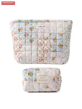 2Pcs Cute Quilted Cotton Makeup Bag, Kawaii Cosmetic Zipper Pouch